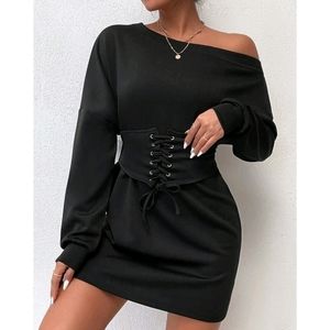 Asymmetrical Neck Sweatshirt Dress & Lace Up Corset